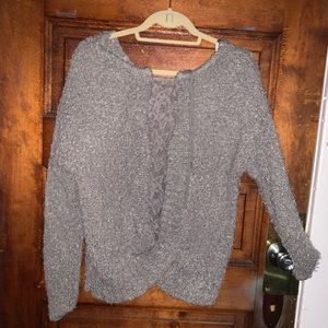 grey sweater with lace peekaboo back